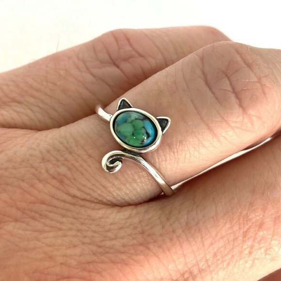 Sterling Silver 925 Turquoise Cabochon Kitty Cat Bypass Style Band Ring Sz 7 - Picture 4 of 16